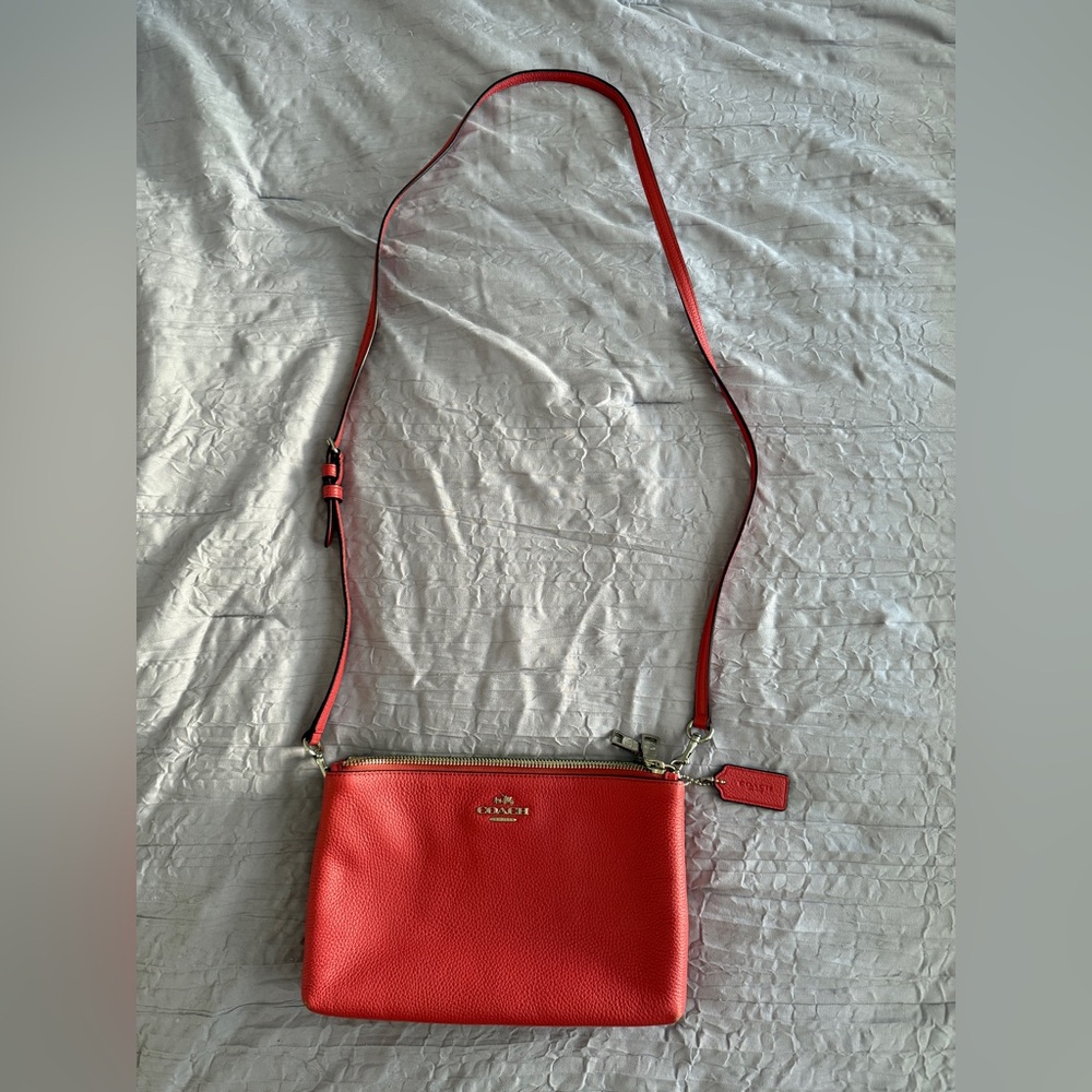 Coach LYLA CROSSBODY Double Zip Pebbled Leather Bag Carnation Pink/Strawberry